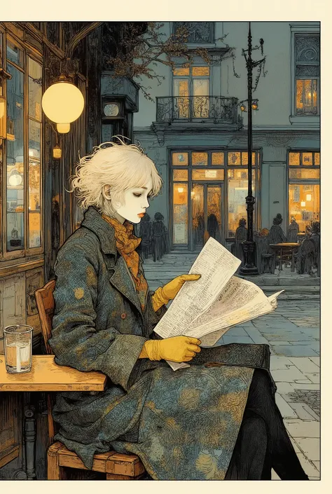 View from the sidewalk from the street through the window.Outside the window, a woman with short tousled blond hair is seen sitting half-turned by the window and reading a newspaper. A thoughtful look into the distance, through the glass.A large grey speck...