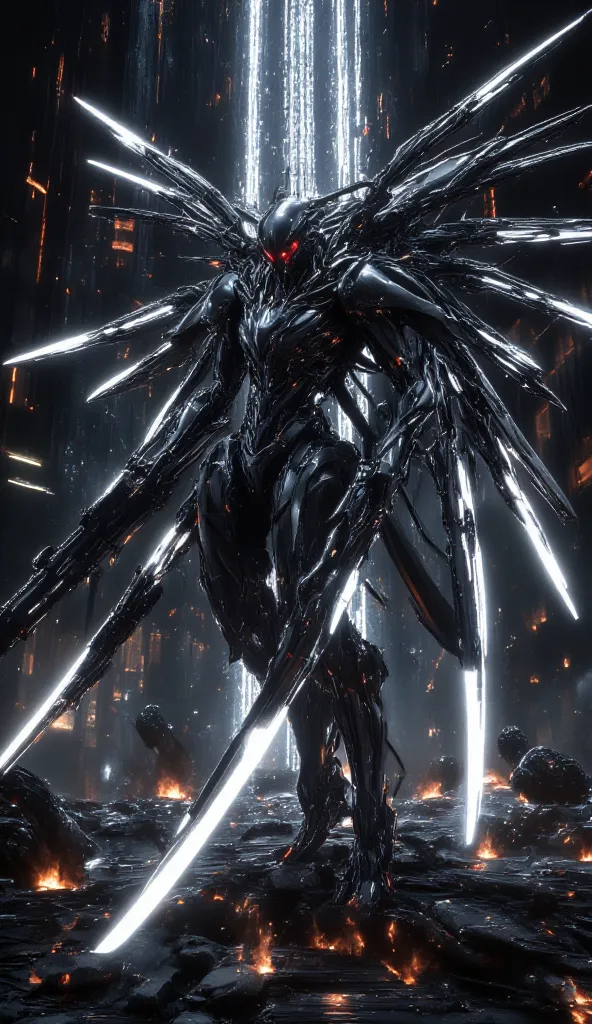 "A hyper-advanced AI overlord encased in sleek, dark platinum armor, its body adorned with pulsating energy circuits. Eight colossal mechanical arms extend from its back, each wielding different weapons—plasma cannons, particle blades, and energy whips. It...