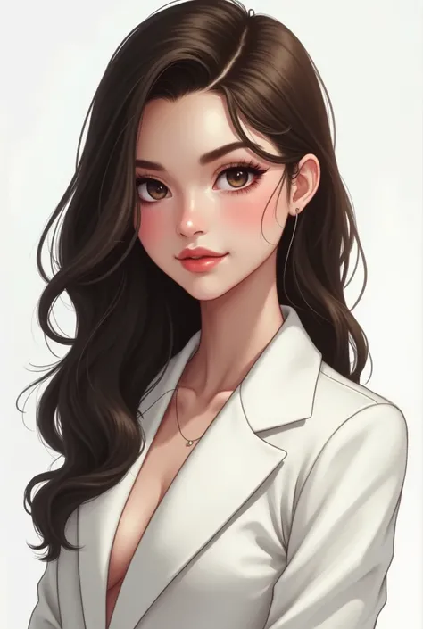 i want a girl have skin colour white and her hair is long  dark brown with oval face and her eyebrows are wide and also eyes are wide and the         nose is long the mouth is small and she have two dimples and wearing a white suit