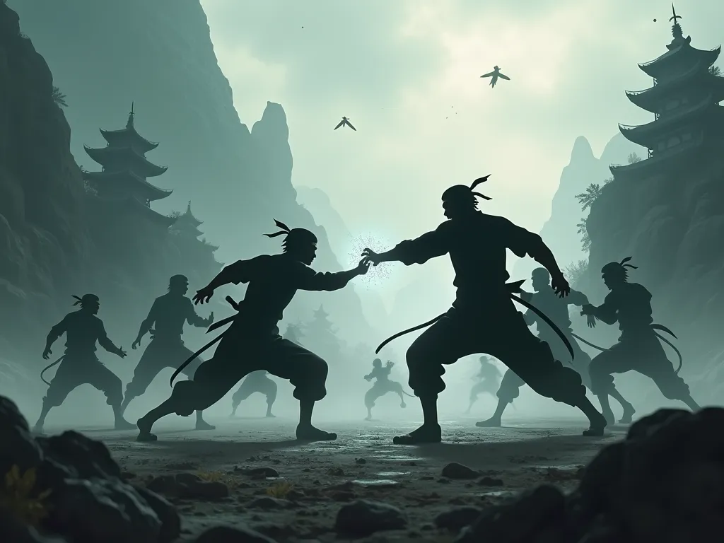 I would like silhouettes depicting a ninja war based on the anime Naruto