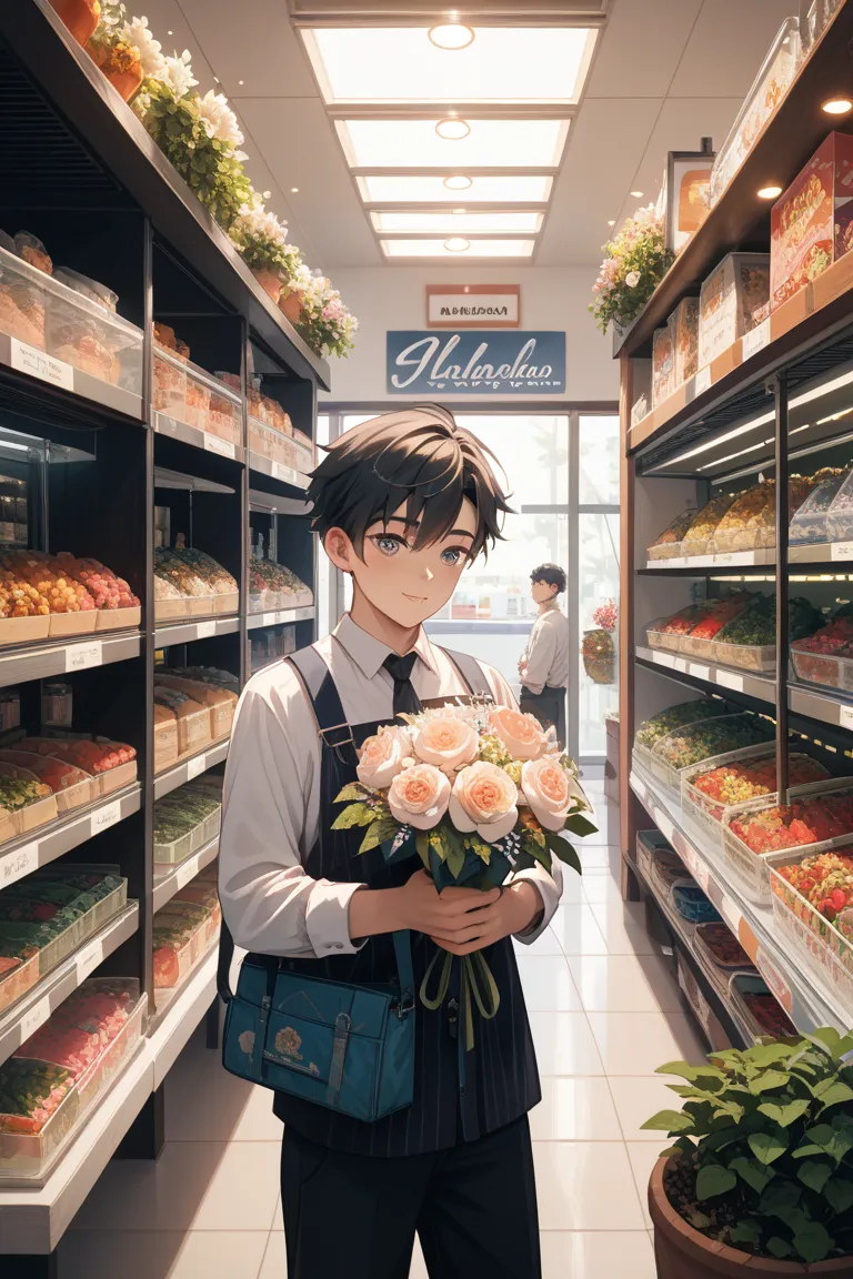 Boy working at a flower shop
The hair is sarast black hair