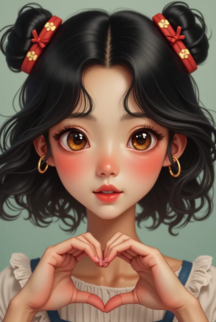 A girl with long hair with black curlers, brown and big eyes with her hands forming a heart. 