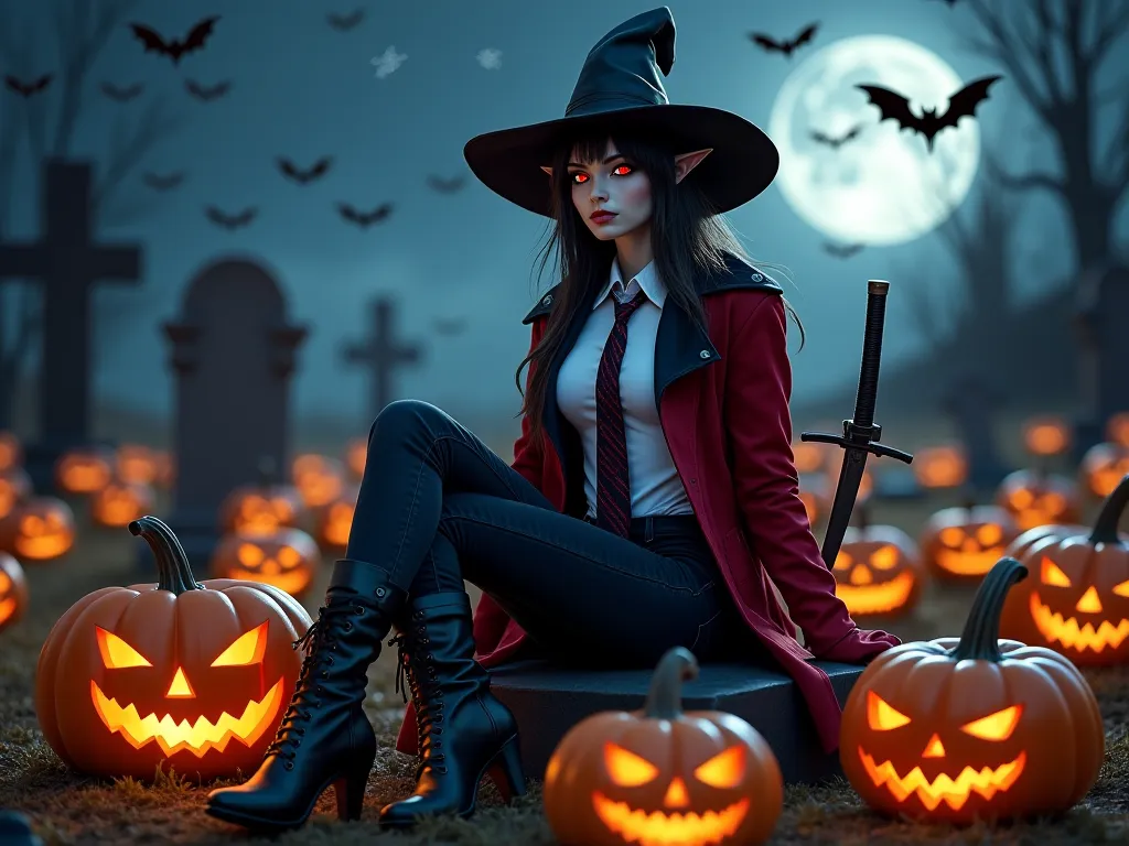 A self-confident werewolf dressed as an elegant witch,  with white eyes and red pupils a black jean black boots white shirt tie black and red coat tie a katana stuck in the ground and a wide-brimmed hat. She is in a graveyard full of graves, sitting on a g...