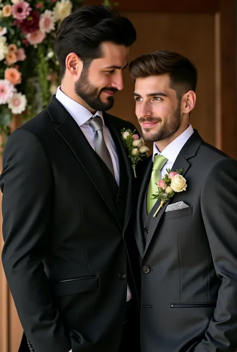  Handsome dark-haired man dressed in a three-piece black suit , silver tie and white shirt   , marrying a young man with brown hair and a trimmed beard who wears a dark gray three-piece suit with a white shirt and lime-colored tie in a stable decorated wit...