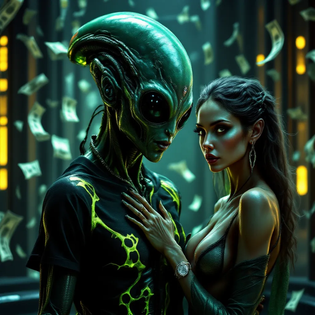 A mesmerizing, hyper-detailed alien humanoid with radiant, neon-green skin and massive, black glass-like eyes stands in the center of a high-tech, luxury penthouse drenched in neon and electric gold. His expression is calm yet intimidating, a true master o...