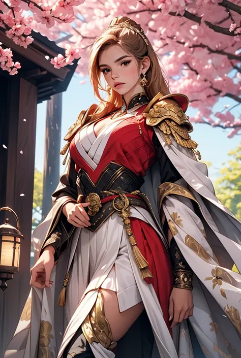 "A depiction of a woman blending the features of Scarlett Johansson and Emma Watson, a captivating young woman with an alluring presence, dressed in an ancient-inspired yet intricately designed outfit that fuses Japanese fashion with royal aesthetics. Her ...