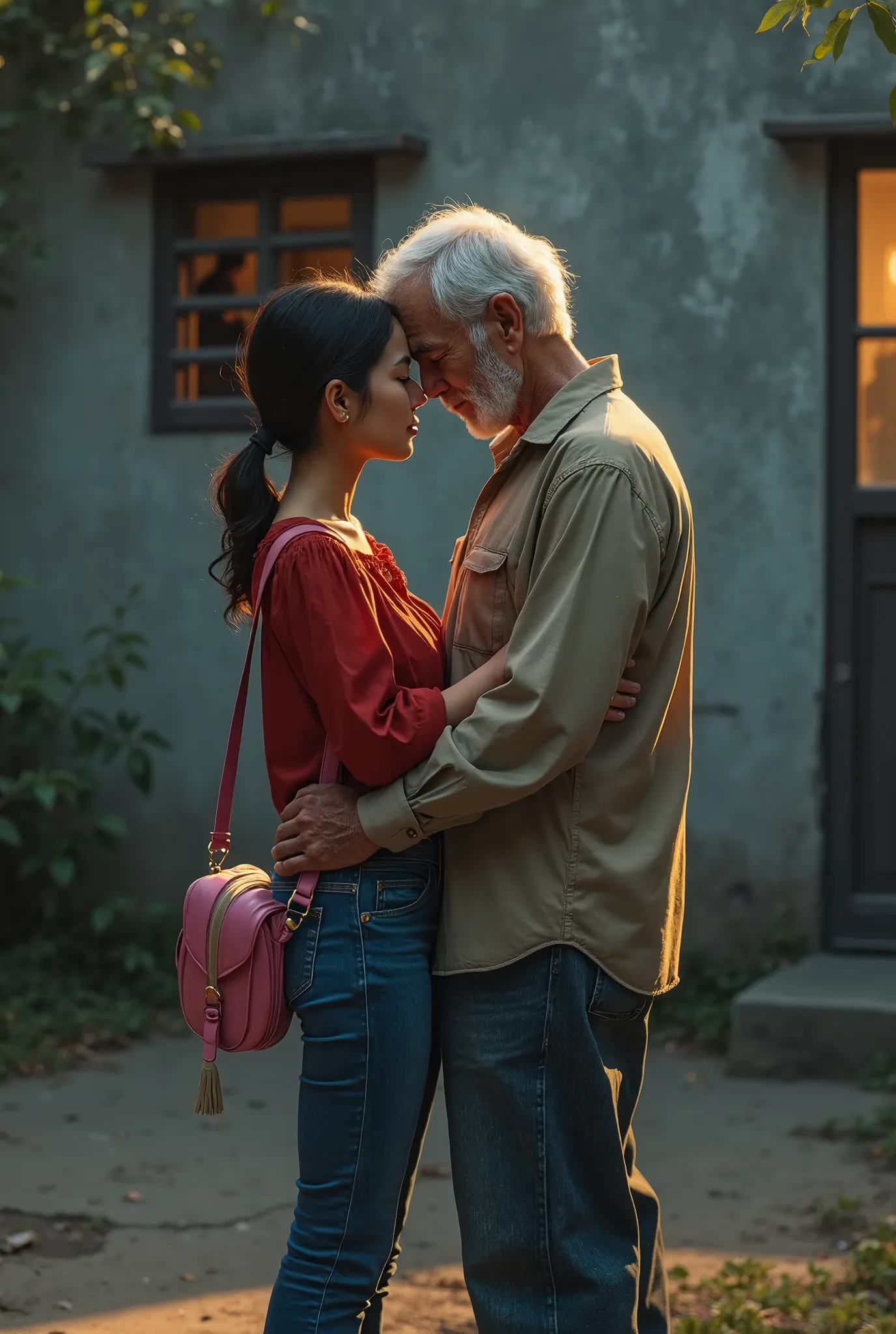 Asian beautiful Southeast girl in red clothes top, and blue jeans, and pink Sling bag in her back kissing with russian old man at wall behind oldage home in india at dark in eid. There is a window on a wall and her old female watching from outside and that...