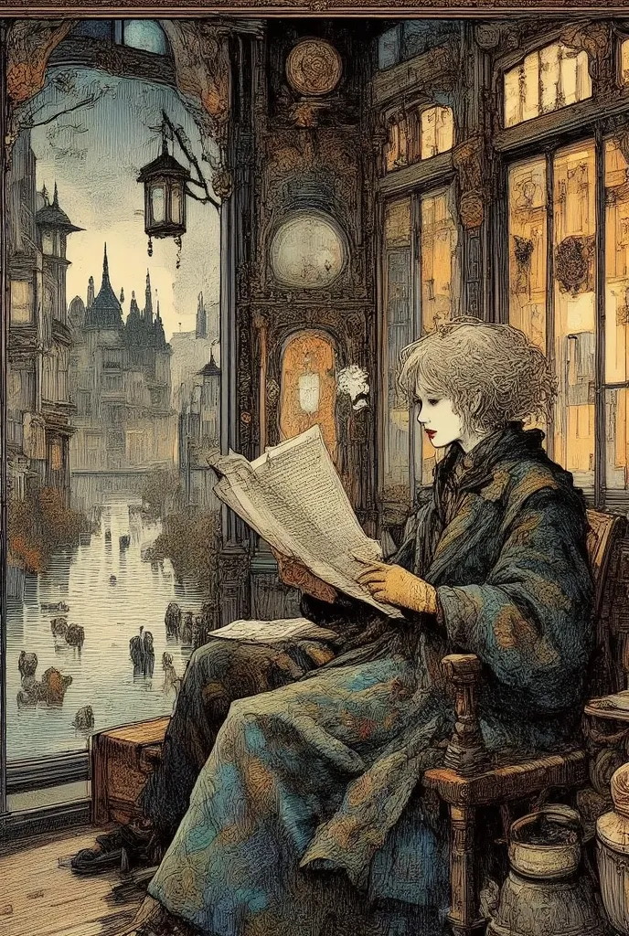 View from the sidewalk from the street through the window.Outside the window, a woman with short tousled blond hair is seen sitting half-turned by the window and reading a newspaper. A thoughtful look into the distance, through the glass.A large grey speck...