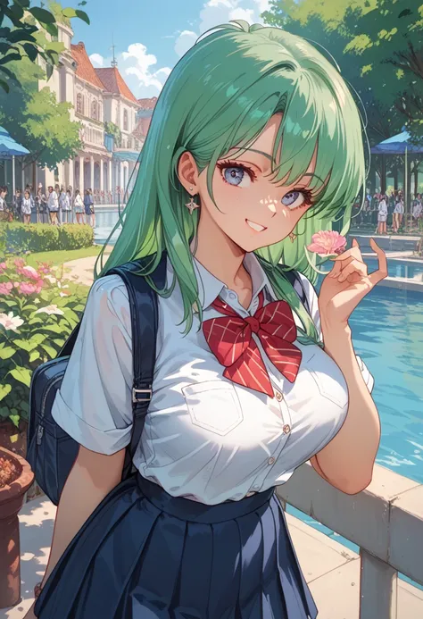 Highest quality,masterpiece,One person,green hair,long hair,Schoolgirl uniform,Short sleeve,Large Breasts,smile,