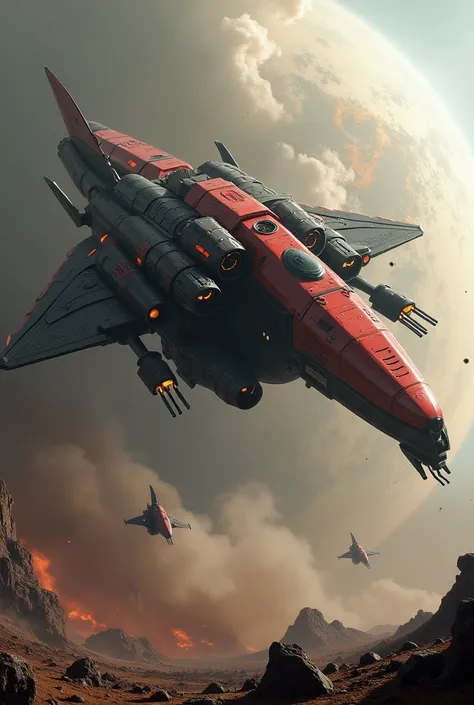 fictional drone with tons of weapons, and also with a fleet, also red and black with tons of advantages destroying planet