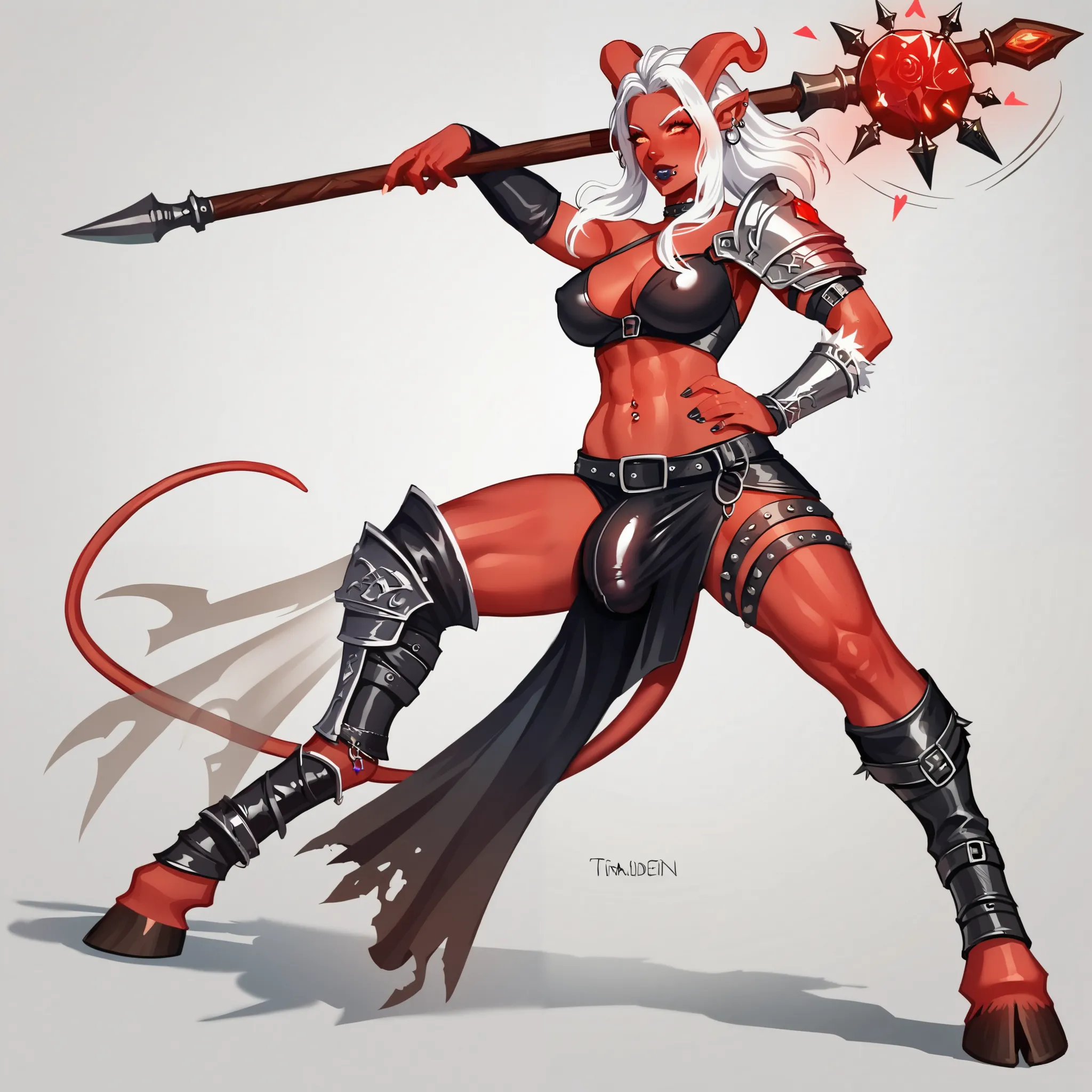 score_9,score_8_up,score_7_up, source_anime, 1girl, dark red skin, crimson skin, vibrant skin, nsfw, throbbing dick, futanari, Tiefling, Tiefling (Dungeons and Dragons), barbarian, thug, fantasy art, anime art, holding mace, solo, mace weapon, heavy weapon...