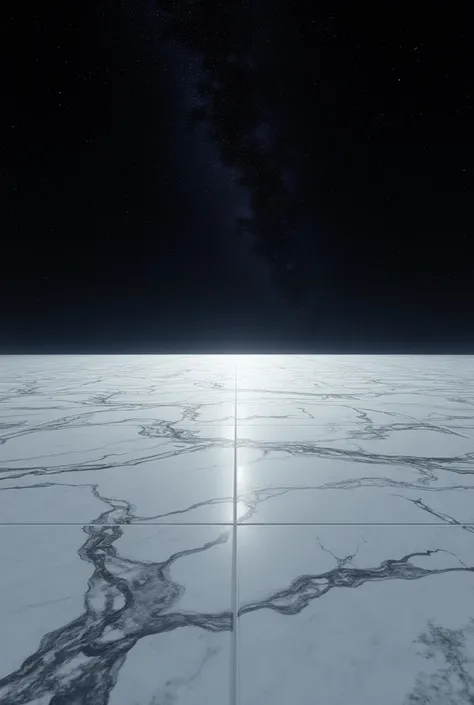 An infinitely long and infinitely wide marble floor with nothing but a black starry sky in the background 