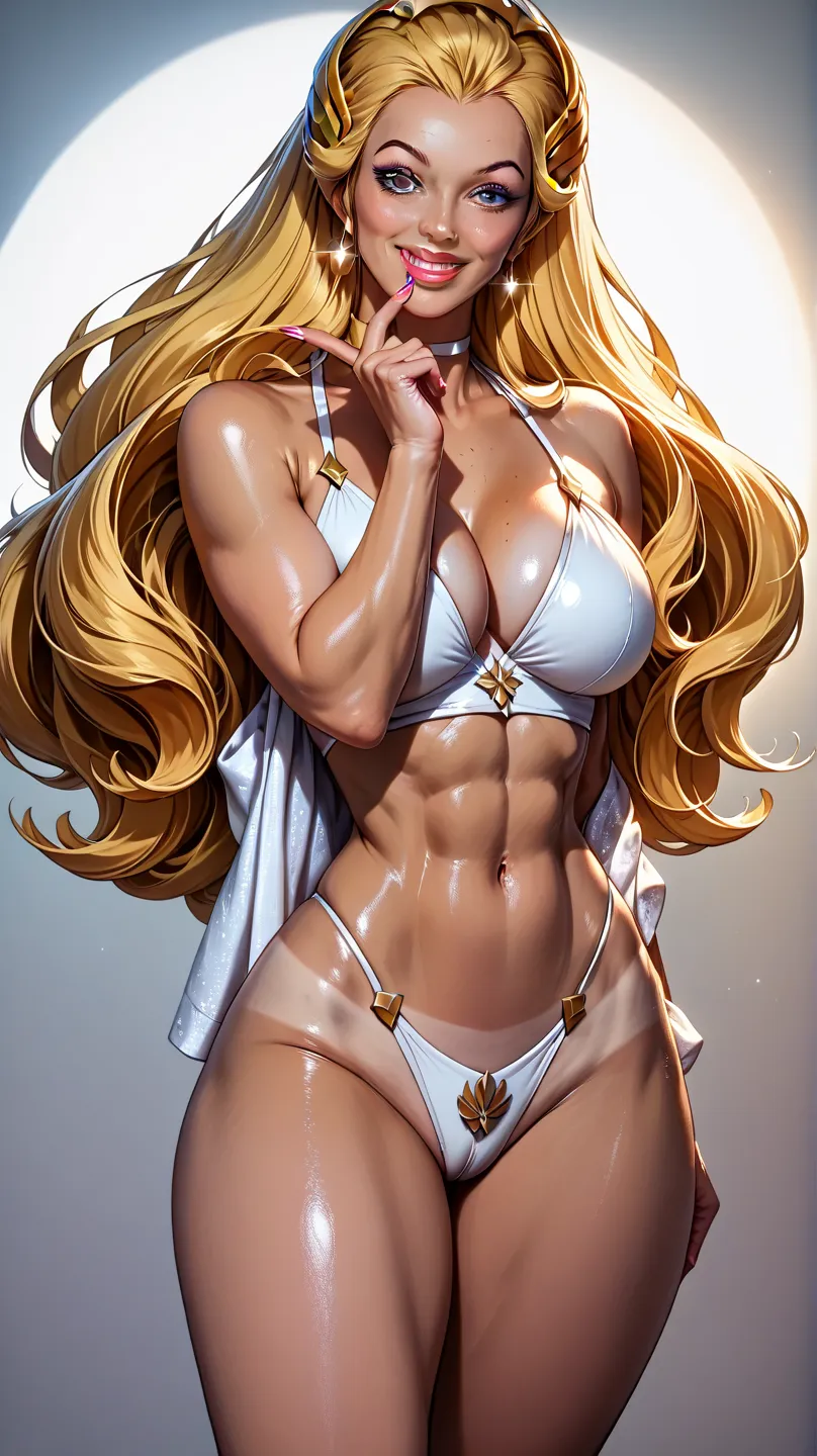 she_ra, Beautiful powerful blonde sexy superhero pose dynamic (she has her back turned to the viewer, with one hand on her beautiful buttocks: 1.3 sexy), smug smile, tall, (muscular body: 1.3 Sexy curvaceous sexy big ass thick thighs all over tanned body b...