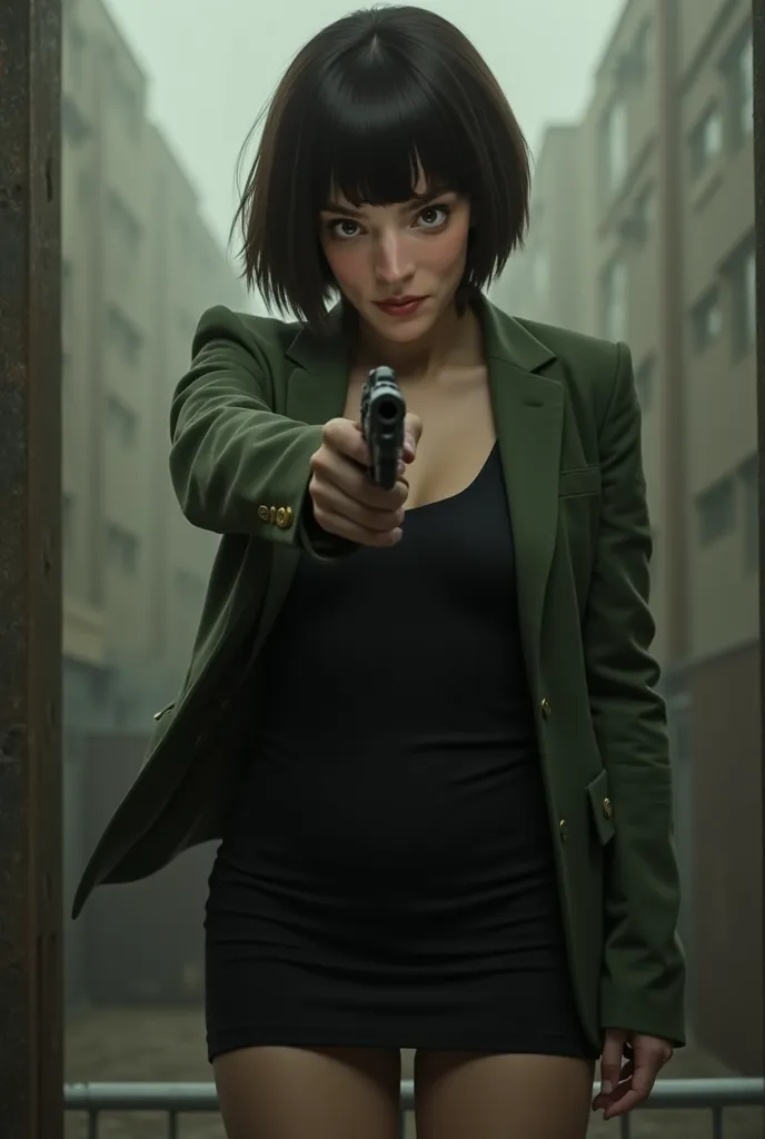 realistic slim woman in a black dress, green jacket, with short straight shoulder-length hair, bangs and dark hair color. She is holding a revolver to shoot. He has a melancholic look
