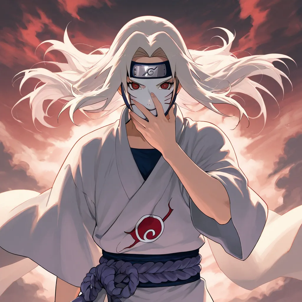 Character Haku (white), Resident of the Water Country, and a member of the Yuki clan from the anime Naruto, holding your mask over your face with your hands, must be wearing battle attire, There must be fog around.