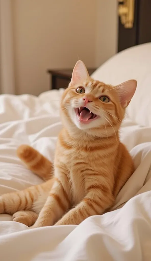 Orange tabby sits in bed waiting for food, cute , muka excited, open mouth