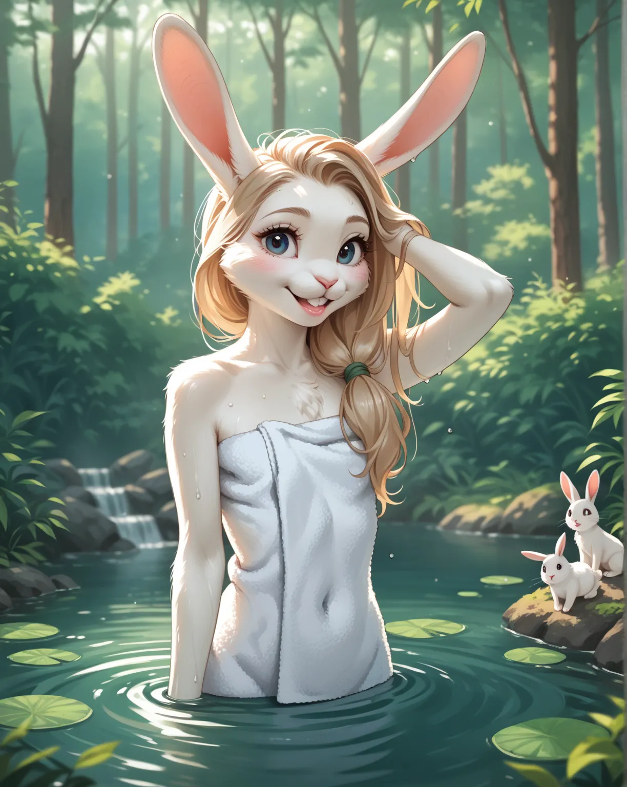 petit nymph , flat chest , Wrap a towel around body , beautiful long hair , hair tie , long Eyelashes , glossy lips , White teeth , Audrey Hepburn like furry rabbit , open towel , Bathe in forest