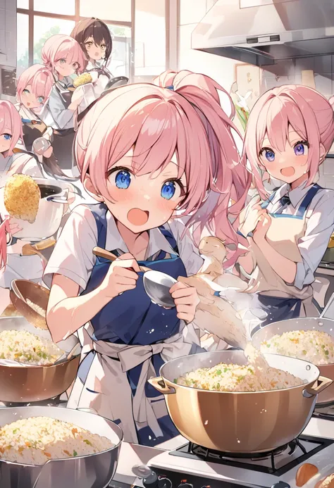   frying fried rice refreshingly  , Chinese pan,  Chinese panを振る, fried rice in the air, Gas stove, dancing in a pot high heat power  , Cute high school student, uniform,apron, ponytail,  exposed flank ,  miniskirt,  holding sea otters ,   , open your mout...