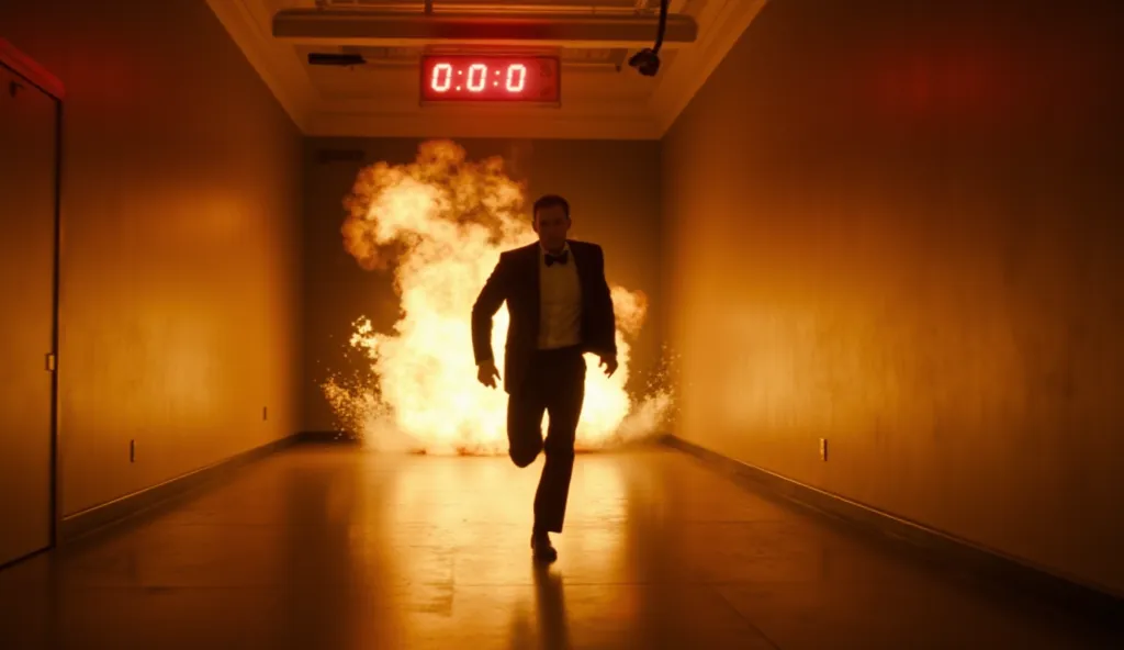 Prompt: A countdown bomb timer blinking red – 00:05…00:04… Bond sprints down a hallway as explosions erupt behind him in slow motion. The camera is handheld, shaky, capturing the urgency.

Camera Angle: Handheld shaky cam → Slow-motion explosion