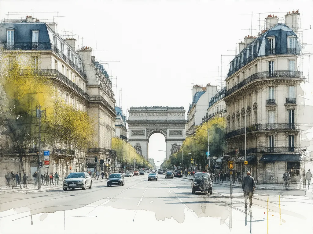   urban drawing style   . The (Champs-Élysées Boulevard:1.4), Masterpiece butt、The primera calidad、Tomorrow、Fresh Tomorrow sunshine、(spark:0.7) 、walk、Landscapes,   using blurring and thick lines   , beige, coral,  turquoise, gray, yellow sketch   .   Los c...