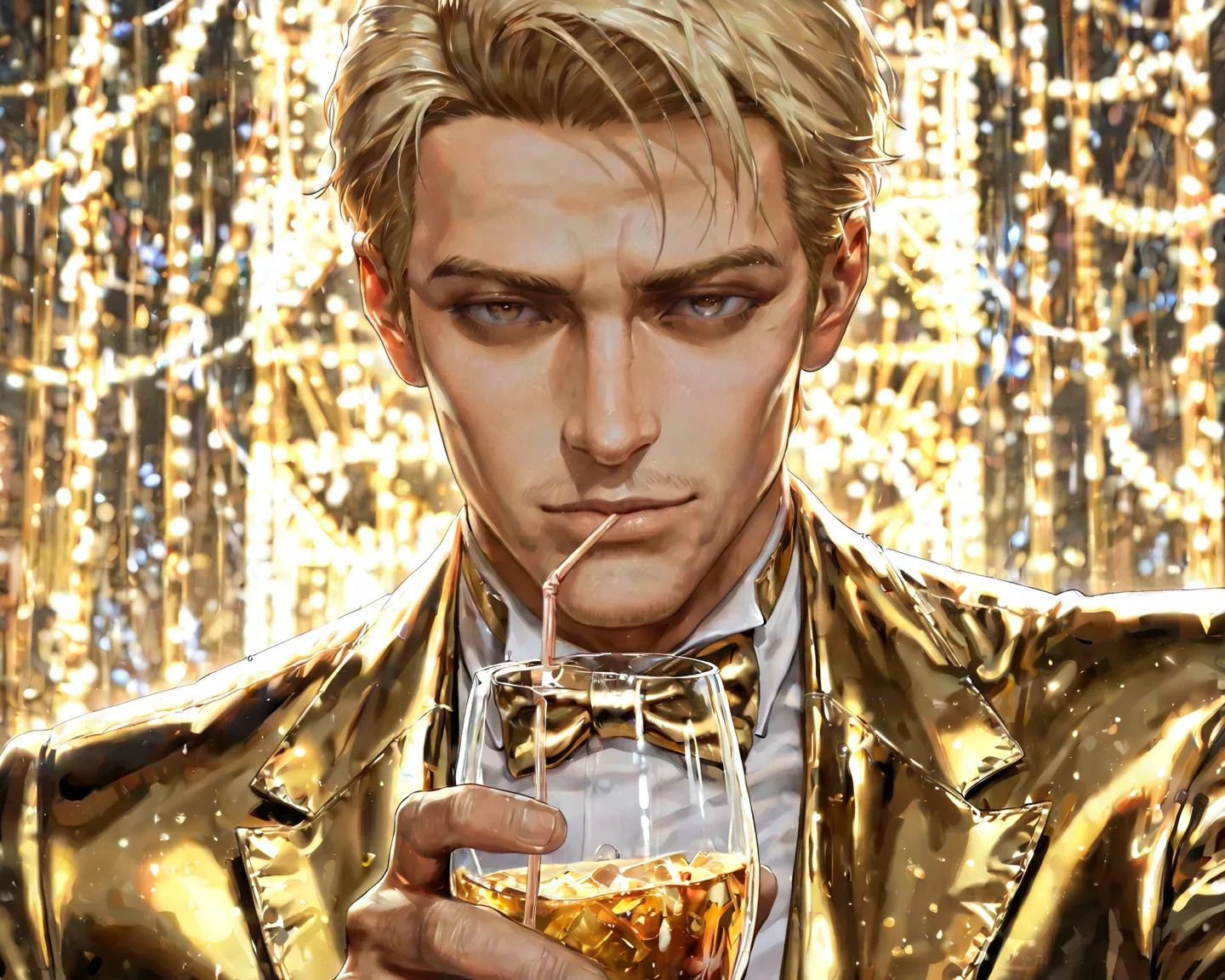 1boy, boss, blonde hair, hair short , brown eyes, cool, detailed eyes, blue eyes, facing viewer, welcome to Enigma, holding a drink, formal attire, black and gold suit, High Resolution, Masterpiece, Accurate, Anatomically Correct, Best Quality, Detail, HD,...