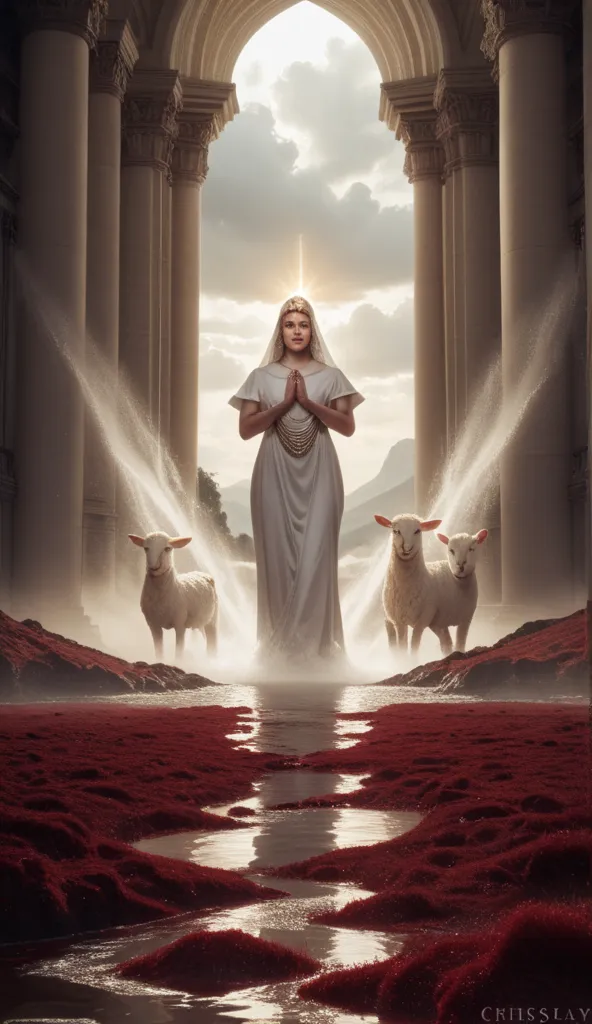 
Jesus hovers over the red river (an allusion to the blood of the Lamb) - a dramatic landscape with shining red water symbolizing redemption and heavenly light illuminating it.