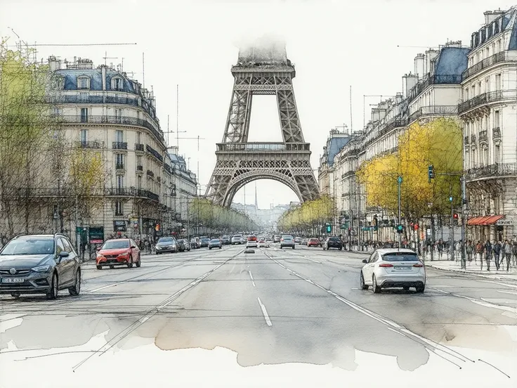   urban drawing style   . The (Champs-Élysées Boulevard:1.4)、Landscapes,   using blurring and thick lines   , beige, coral,  turquoise, gray, yellow sketch   .   Los contornos en tinta negra resaltan los Details de la estructura y los elementos urbanos,   ...