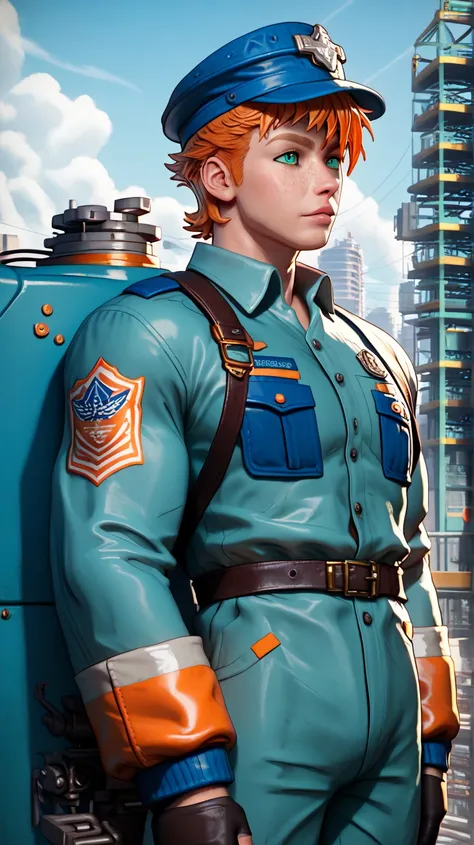 a muscular man, adult, orange hair, short spikey hair, turquoise eyes, freckles, mysterious, dangerous, electrician uniform, sleeves up, electrician hat, standing, machinery background, (portrait, urban fantasy, 3d rpg style)