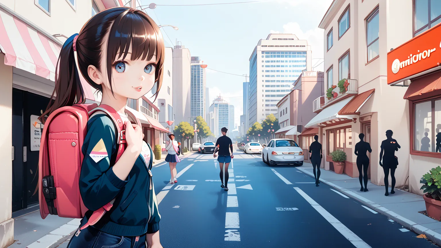  residential area,Street lined with condominiums,naked girl with gym shirt,carrying randoseru backpack