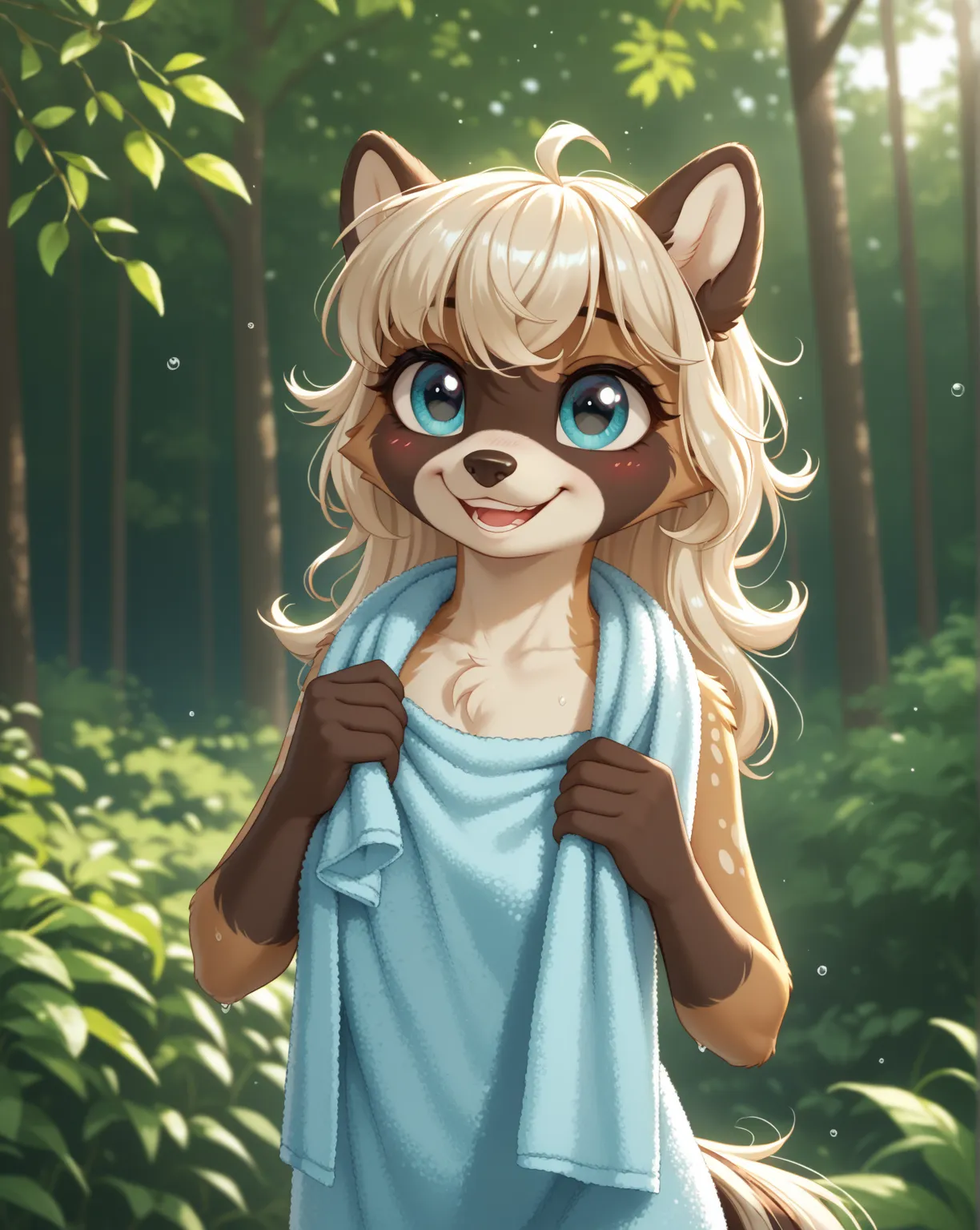 loose girl , glamorous , Wrap a towel around body , messy long hair , hair tie , geek furry racoon , open towel , Bathe in forest