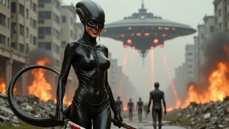 full body image, she is a invading alien leading an assault on the earth.  she has a wet black lizard tail, and  wearing all black reflective wet-look latex  leading an alien invasion of earth, firing huge destructive laser from her ship that lays waste to...