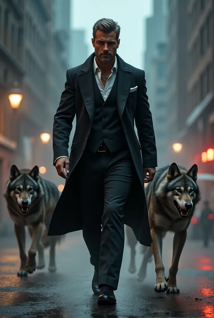 Handsome modern hunter dressed in a suit and armed fighting against werewolves