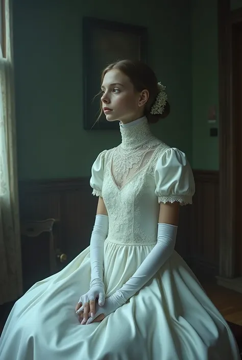 A beautiful fifteen-year-old girl with an extremely long neck. She wears a wedding dress ,  completely white, with a tight high collar, corrugated , that wraps around and covers her entire long neck. The fabric of the dress is made of delicate lace and sat...