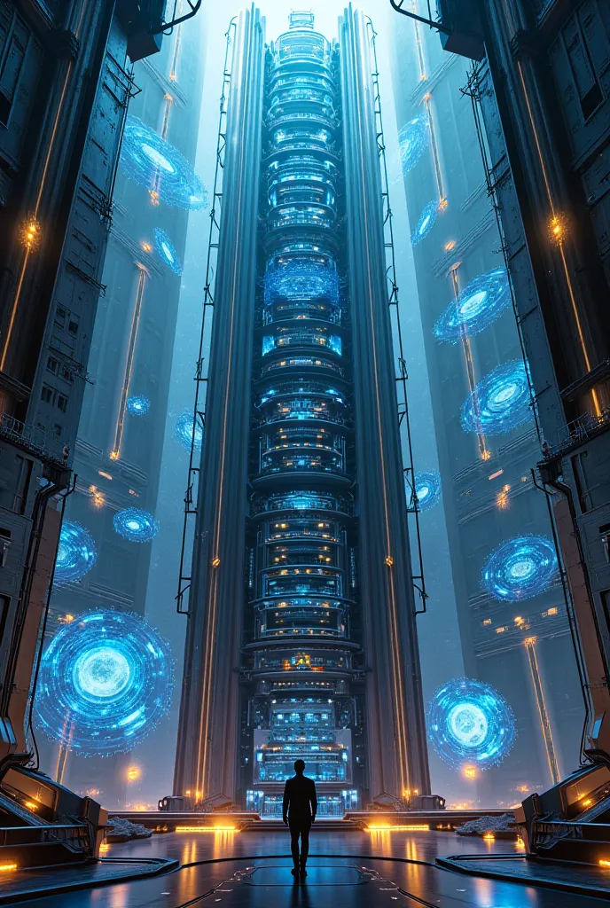 A massive futuristic supercomputer analyzing human data for teleportation, surrounded by floating holographic screens.