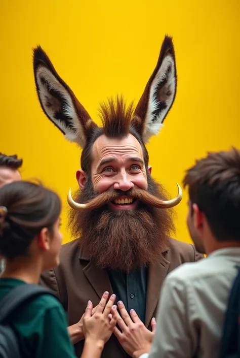 man with a fat beard, with donkey ears smiled on a yellow background interacting with normal people feeling superior but devoid of intelligence 