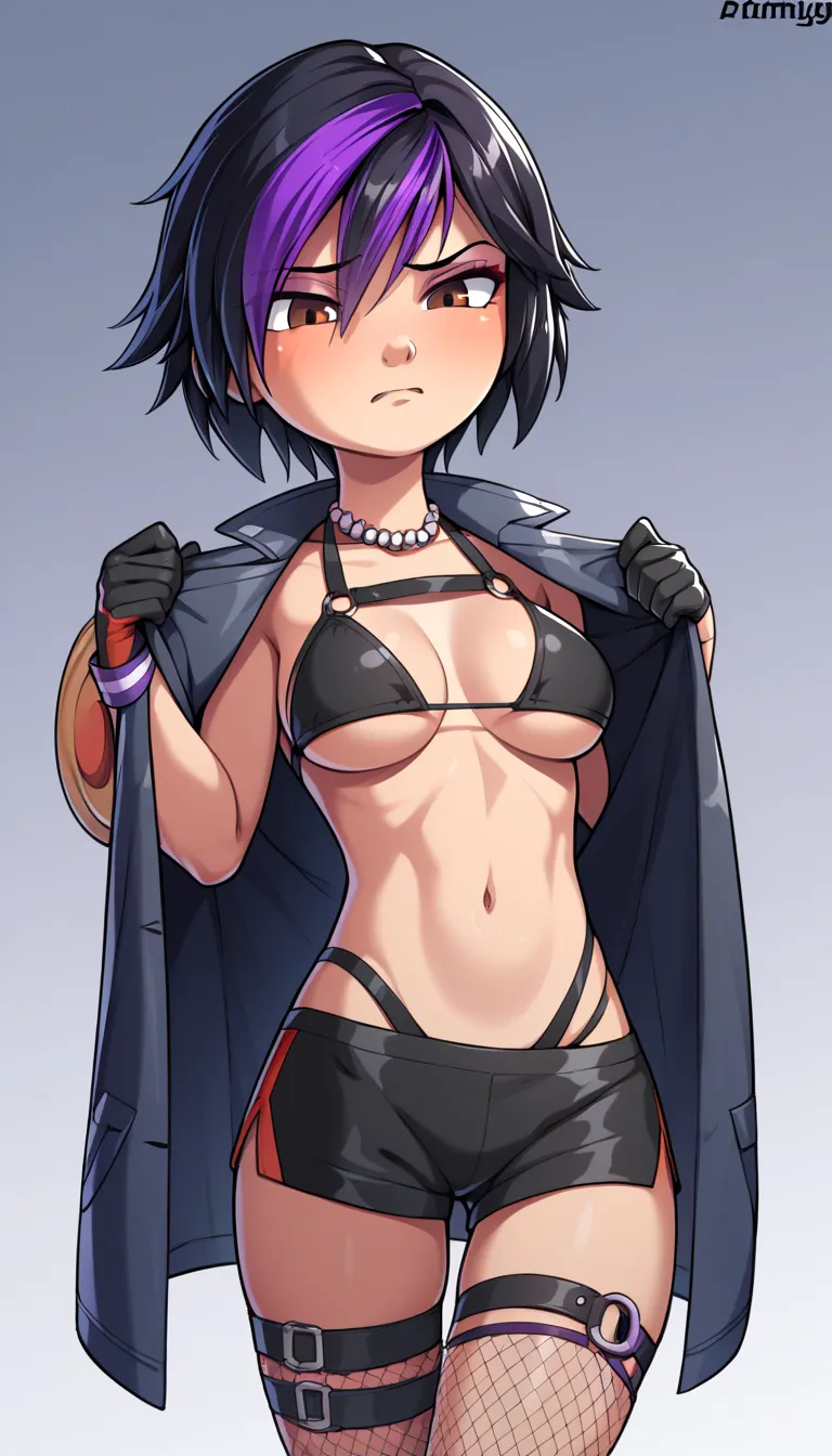 gogotomago, girl, 1girl, solo, short hair, black hair, brown eyes, purple hair, medium breasts, posing embarrassed, red face, ruanyi0615,bead necklace,bikini top only,coat on shoulders,harness,elbow gloves,thigh strap,underboob,fishnet thighhighs,coat