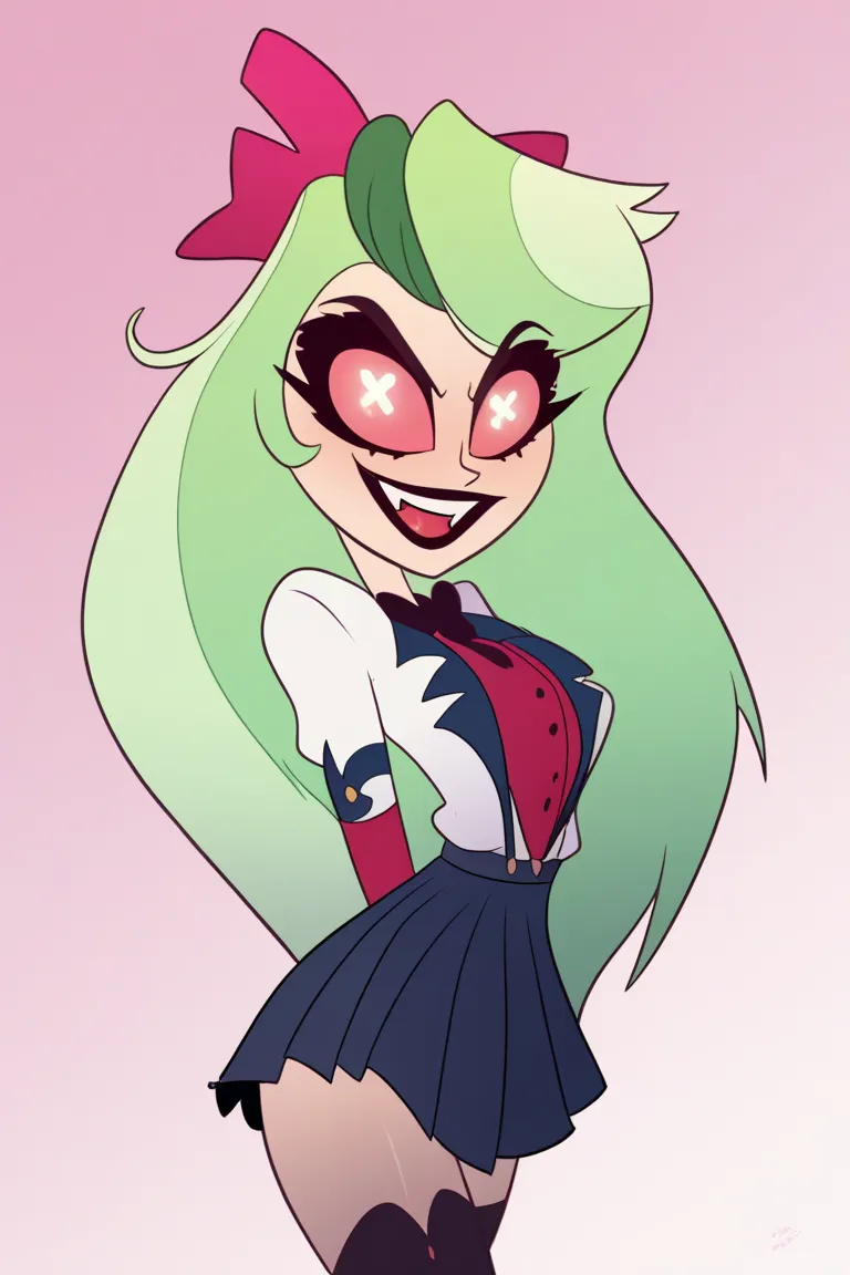 A brown-haired Succubus girl with pink and green locks,schoolgirl clothes,long hair,With bangs covering the eyes,character sheet,full body