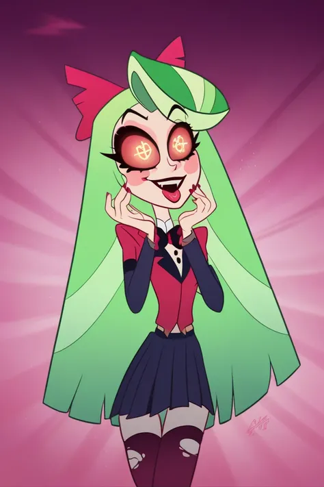 A brown-haired Succubus girl with pink and green locks,schoolgirl clothes,long hair,With bangs covering the eyes,character sheet,full body