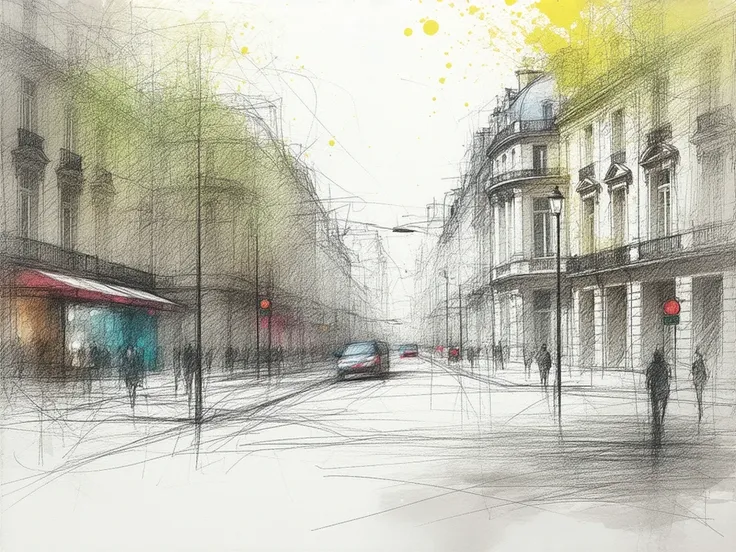   urban drawing style   . The (Champs-Élysée、Fresh morning sunshine、(spark:0.7) 、walk、Landscapes,   using blurring and thick lines   , beige, coral,  turquoise, gray, yellow sketch   .   Los contornos en tinta negra resaltan los Details de la estructura y ...