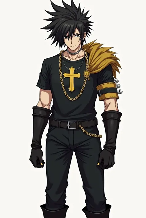 A tall male anime character, wearing a black t-shirt with a cross in the middle, medium arm warmers from wrist to elbow black on both arms, a thick cudena on the right shoulder, black pants and black boots with small metal dots, Lots of pointed black hair ...