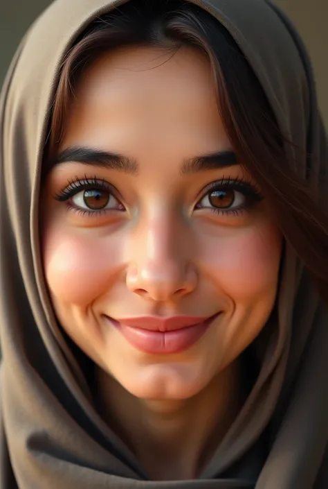 A young woman wearing hijab with a little tanned fair skin a big nose and smiling with a THICK eyebrows and lashes, BIG dark brown eyes, no dimples 