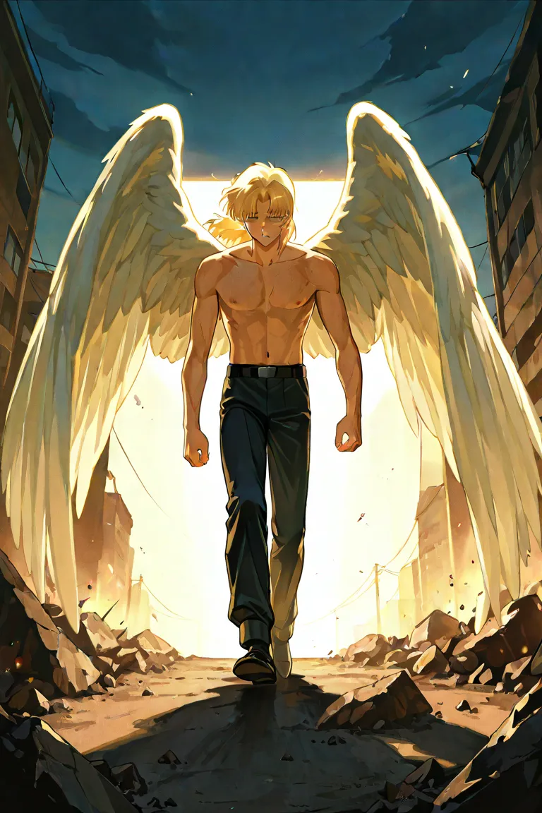 Middle aged man,  shirtless, blond hair picked up carefully, But in a fuss, walking, has wounds, IS CRYING, They catch, A strong light hits his face and he covers his face there is debris in the background, has angel wings, 90s anime style 
