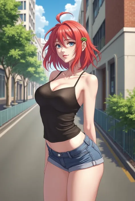 An adult woman has red hair with green ornaments and big blue eyes. She wears a tight black top with thin straps and short denim shorts. her bust is big. The background shows an urban street with buildings,  trees and a clear sky .