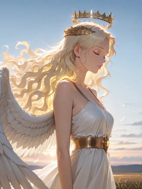 (masterpiece, best quality, very aesthetic, absurdres, highres:1.2), 1girl, closed_eyes, wavy_hair, glowing_hair, feather_hair, bare_shoulders, angel_wings on back, luxury crown, dress, outdoors, heaven, sky, realistic, 