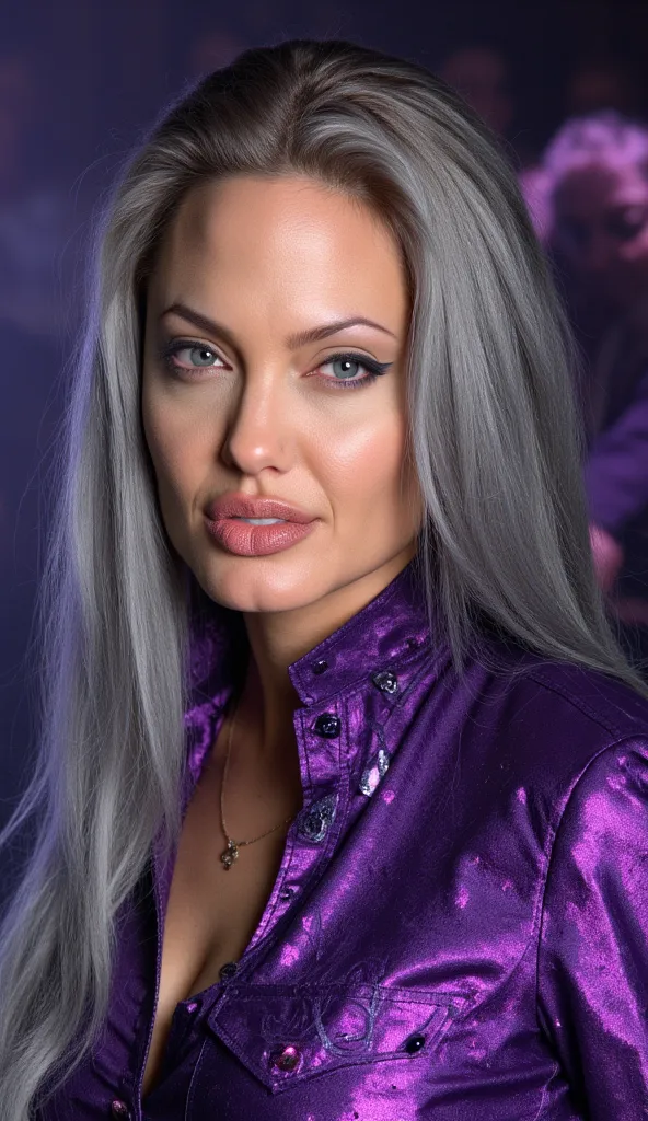  Here is a detailed prompt to generate an image  ** super realistic** of Angelina Jolie how **Sindel**, focused **only on the face**, with a very detailed and shiny metallic purple outfit, and an impactful background: --- **"Close-up hiper-realista do rost...