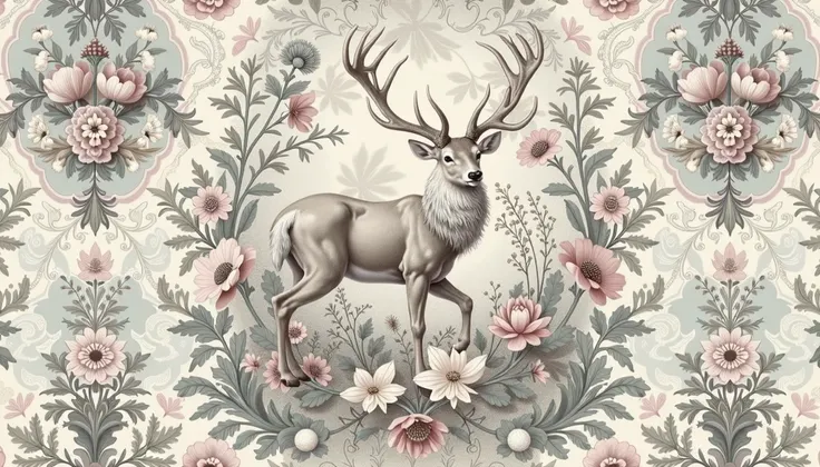 A majestic stag rendered in the timeless Toile de Jouy style, bathed in an elegant pastel color palette. The intricately detailed composition features delicate floral motifs, ornate foliage, and gracefully swirling patterns that intertwine with the stag’s ...