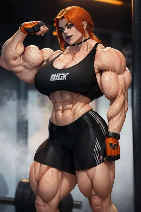 ((Close-up)), tall, (orange hair) beautiful muscular woman, long shaggy hair, white skinned, (smirking), ((black lipstick)), (massive muscles), (hyper muscle), (((ginormous bulky muscles))), green eyes, (((sports bra))), (((short gym shorts))), choker, sne...