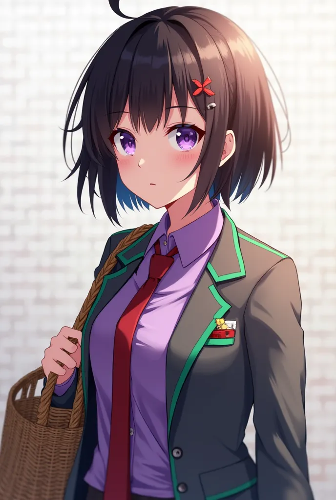 15-year-old brunette girl, purple eyes shirt ,  short black hair, Basket basket a gray blaiser with green workers and a red tie and a lightning necklace