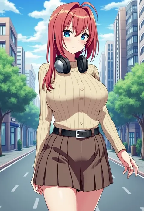 An adult woman has long reddish hair,  with large blue eyes . She wears a tight beige sweater, a brown skirt with a black belt and large headphones around her neck. her bust is big. The background shows an urban street with buildings, trees and a clear sky...