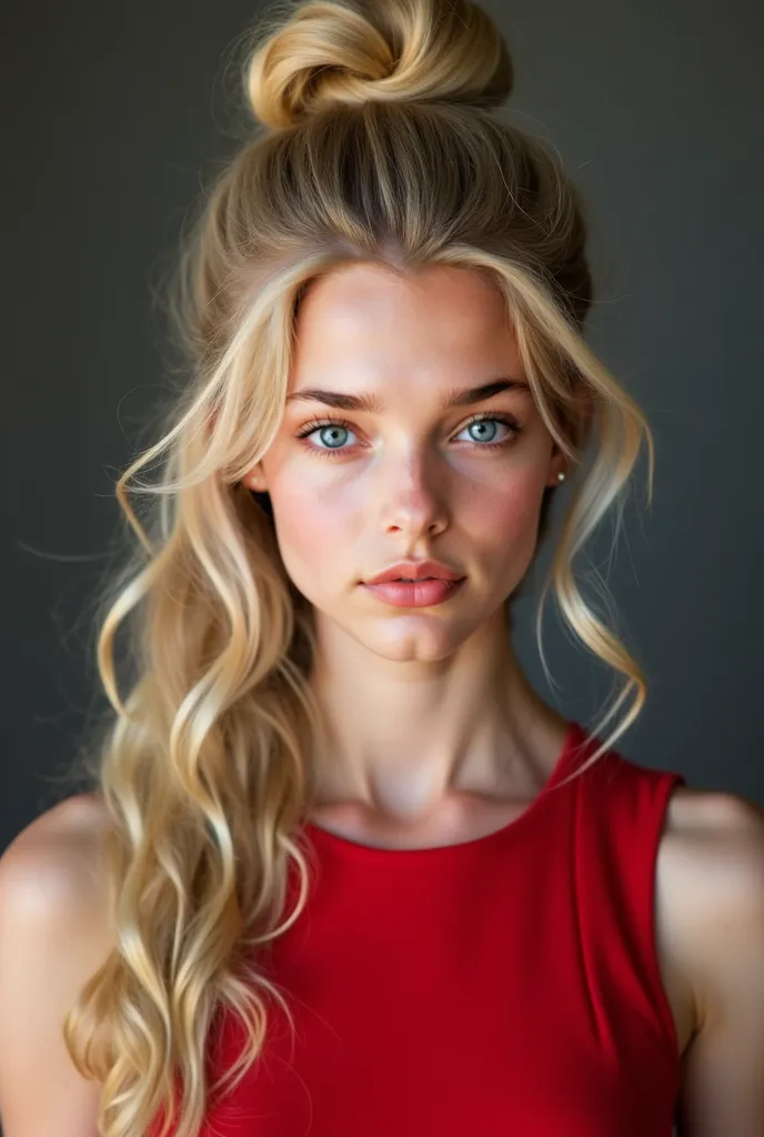 Young, feminine, Realistic, blonde, long hair, wavy hair,  very blue eyes , Red dress, red lipstick, red thin high heel shoe,  sexy body, sexy lips , Bun on the head, corps inteiro, very red lips, foto de corps inteiro, look completo, lindo penteado com um...